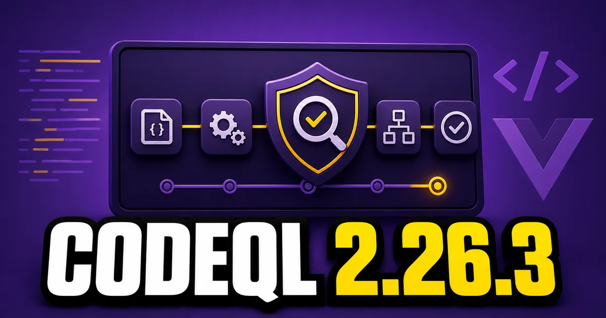 Miniature éditoriale montrant un écran simplifié de workflow d’analyse de code, avec le texte CodeQL 2.26.3 et des indices abstraits de code JavaScript et de composants Vue.