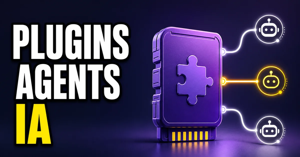 Illustration éditoriale d’un module de plugin violet relié à plusieurs interfaces abstraites d’agents IA, avec le texte « PLUGINS AGENTS IA ».