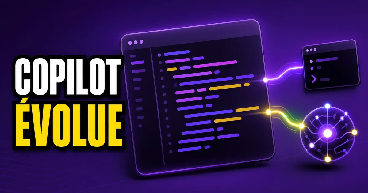 Interface de développement violette simplifiée reliant un éditeur de code, un terminal et un agent IA abstrait, avec le texte « COPILOT ÉVOLUE ».