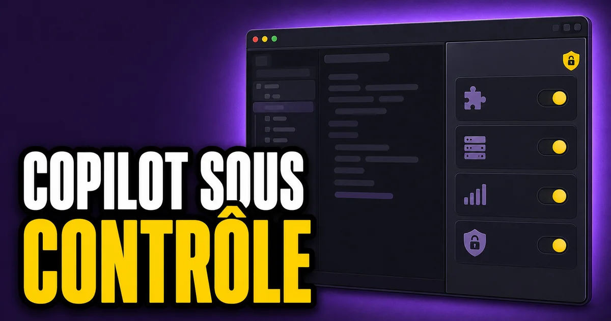 Miniature éditoriale montrant un IDE générique avec un panneau de réglages Copilot d’entreprise, incluant plugins, serveurs MCP, télémétrie et permissions.