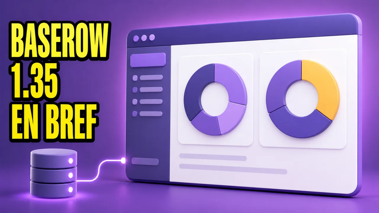 Interface de base de données no-code avec deux graphiques circulaires reliée à une base de données, sur fond violet lumineux.