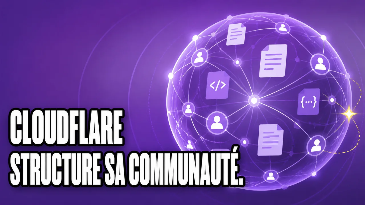 Illustration éditoriale abstraite d’une communauté de développeurs reliée par des flux de documentation, de code et d’événements, pour un article sur Cloudflare et l’open source.