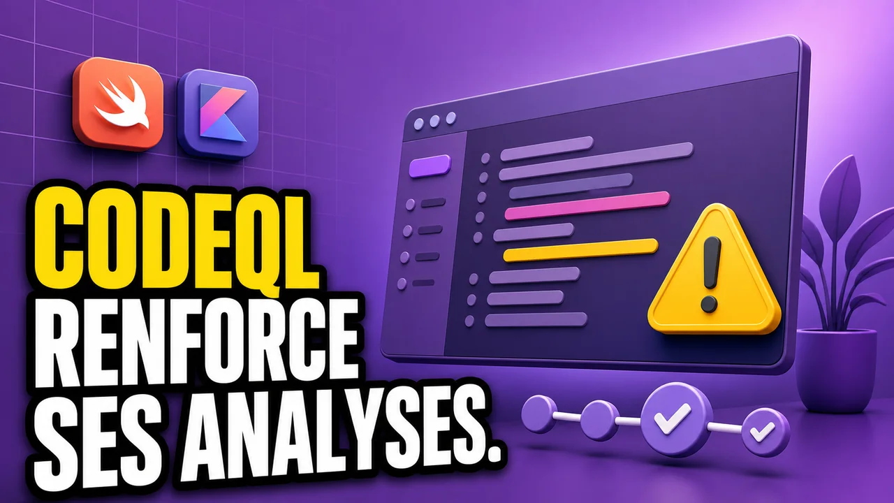 Miniature violette montrant une interface abstraite de revue de code avec une alerte de sécurité et des repères Swift, Kotlin et workflow, accompagnée du texte CodeQL renforce ses analyses.