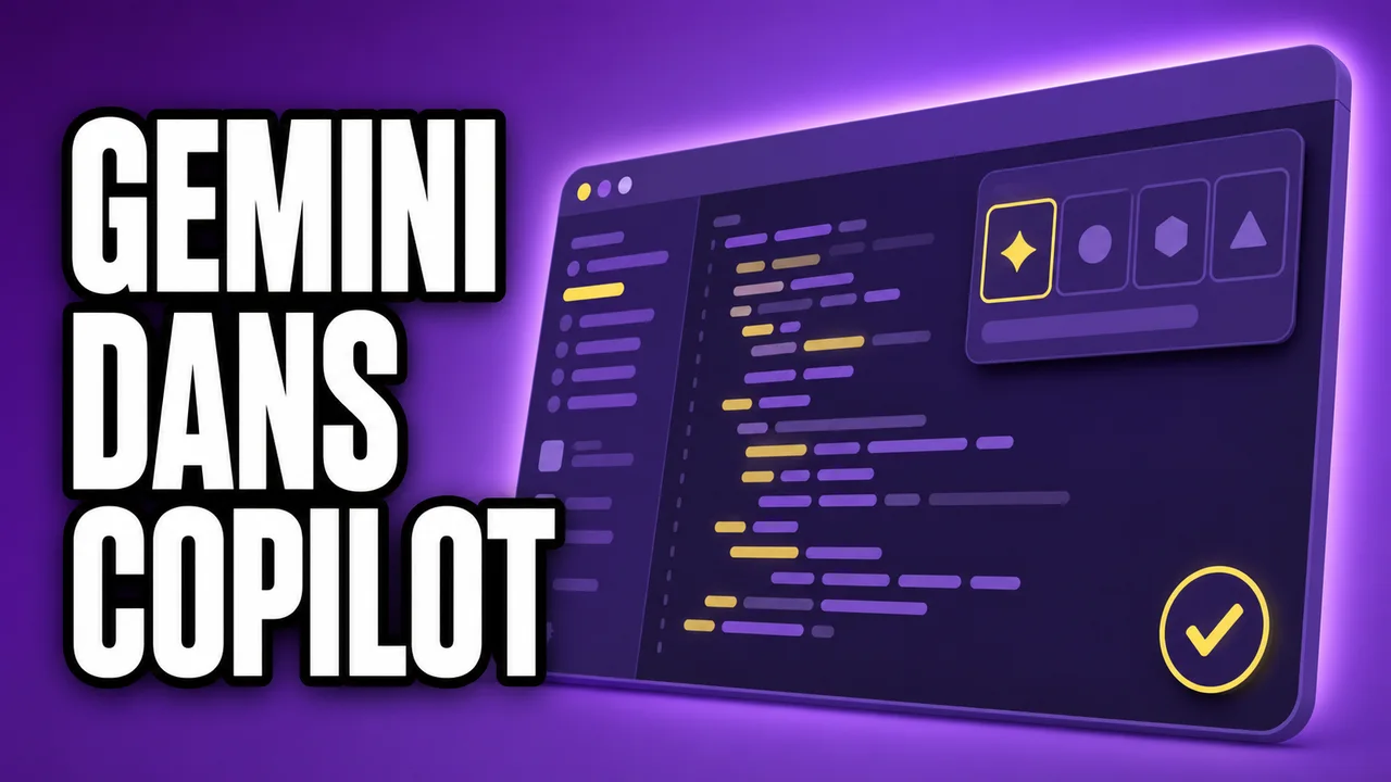 Miniature violette montrant une interface de développement générique avec éditeur de code, sélecteur de modèle IA et coche de vérification, titrée Gemini dans Copilot.