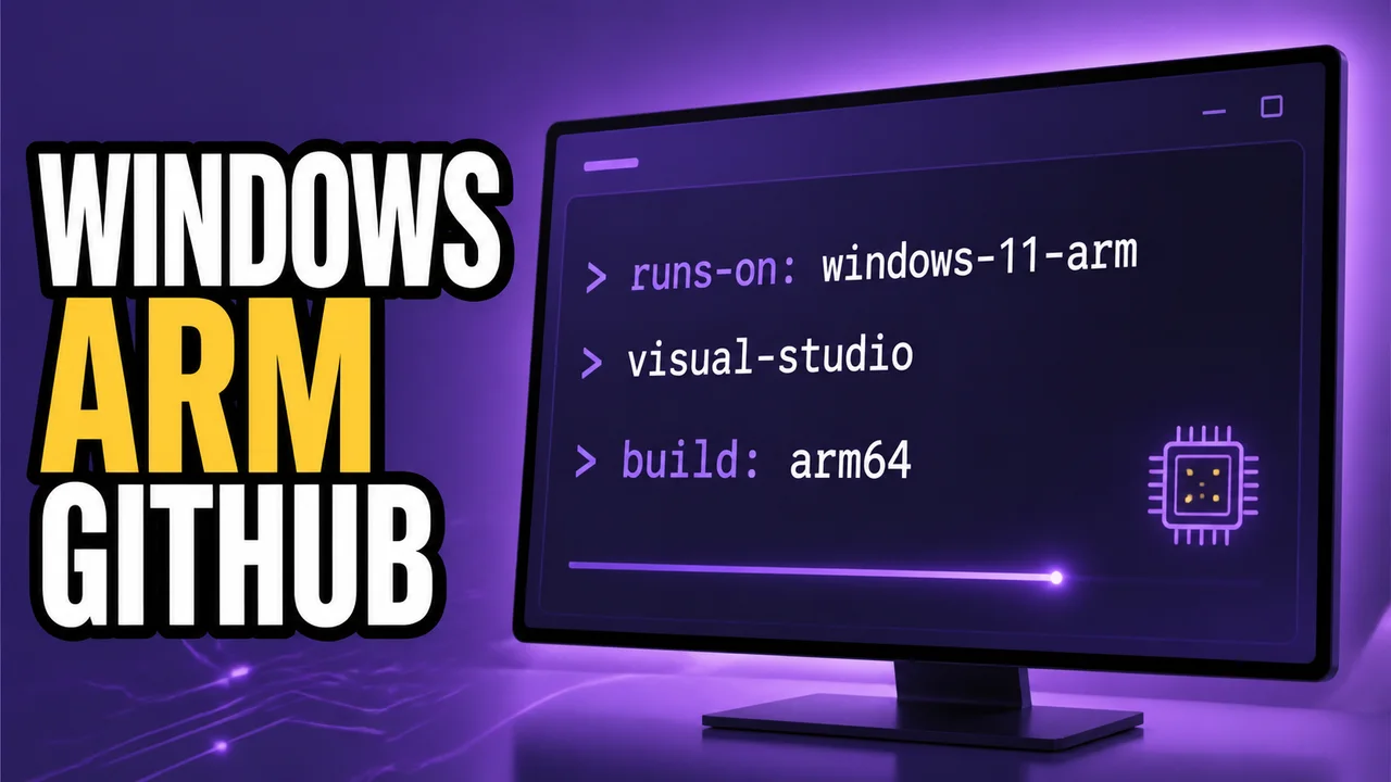 Écran de terminal Windows affichant un workflow GitHub Actions ciblant Windows ARM, sur fond violet lumineux.