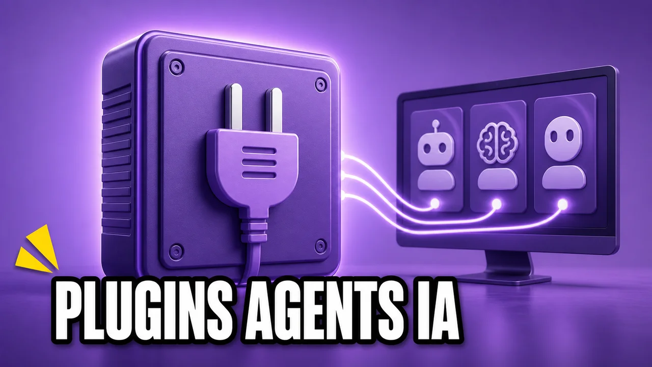 Illustration éditoriale violette montrant un module de plugin unique relié à trois interfaces d’agents IA simplifiées sur un poste de travail.