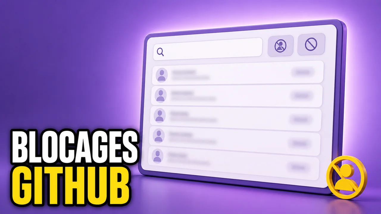 Miniature violette montrant une interface stylisée de gestion des utilisateurs bloqués avec recherche, filtres et le texte Blocages GitHub.