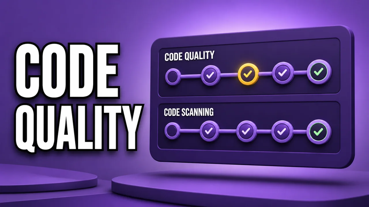 Miniature violette montrant une interface abstraite de flux automatisés avec les voies Code Quality et code scanning.
