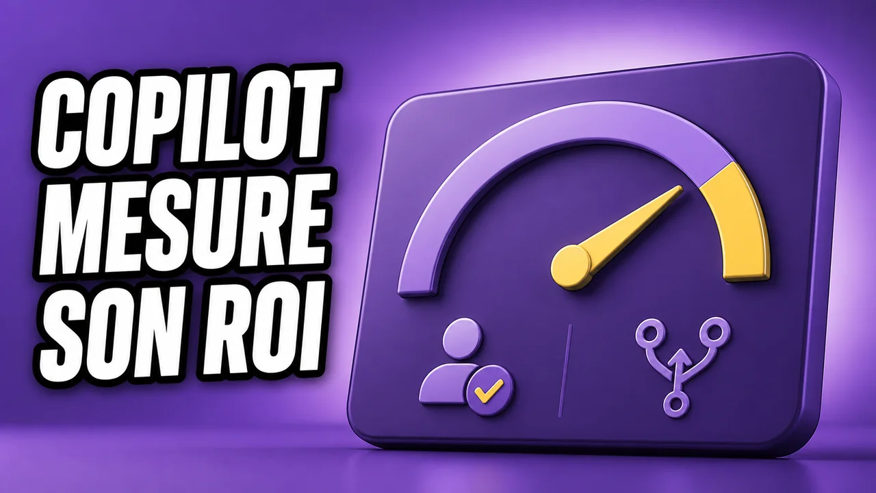 Miniature violette montrant une interface SaaS abstraite avec un indicateur de retour sur investissement, des indices d’adoption et de pull requests, et le texte Copilot mesure son ROI.