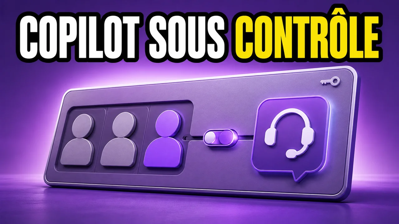 Illustration éditoriale violette d’une console abstraite de gestion des accès et de la facturation pour un outil d’IA de développement, avec sièges utilisateurs et conversation d’agent.