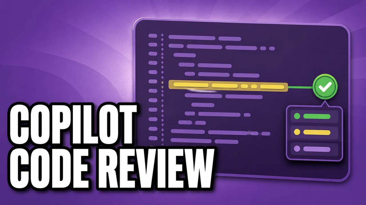Miniature violette montrant une interface abstraite de revue de code, un commentaire résolu et le texte Copilot code review.