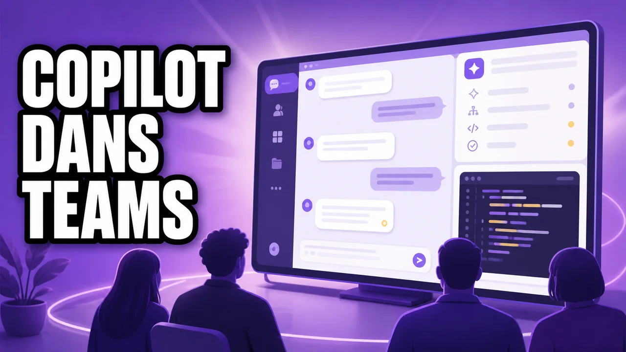 Miniature violette montrant une équipe anonyme autour d’un écran de discussion collaborative générique avec panneau d’agent et aperçu de code, texte « COPILOT DANS TEAMS ».