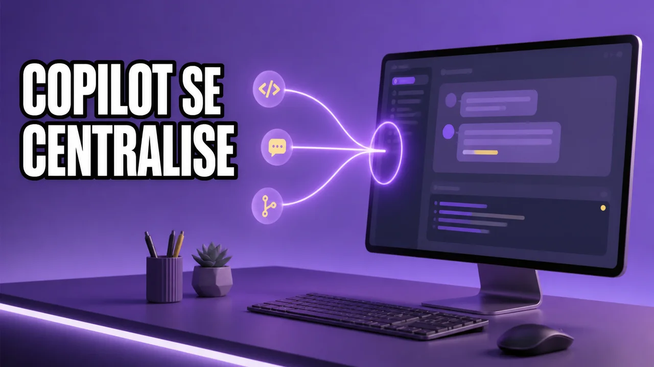 Miniature éditoriale montrant un poste de travail violet avec une interface générique d’assistant de code et le texte Copilot se centralise.