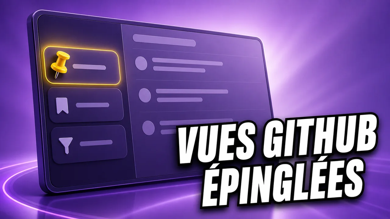 Miniature violette montrant une interface générique de gestion d’issues avec une vue enregistrée épinglée et le texte « VUES GITHUB ÉPINGLÉES ».