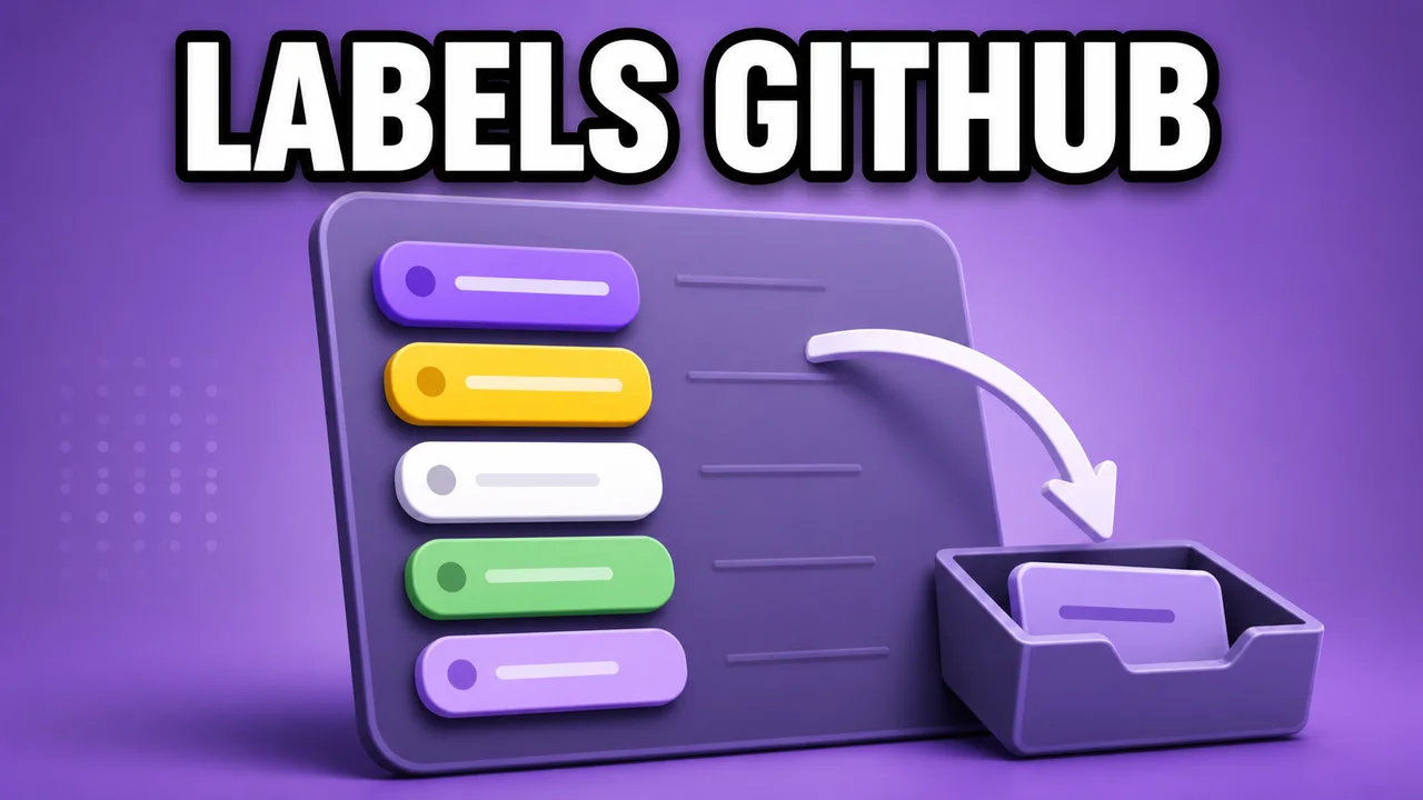 Illustration violette d’une interface simplifiée de gestion de labels et d’une zone d’archivage pour des issues GitHub, avec le texte Labels GitHub.