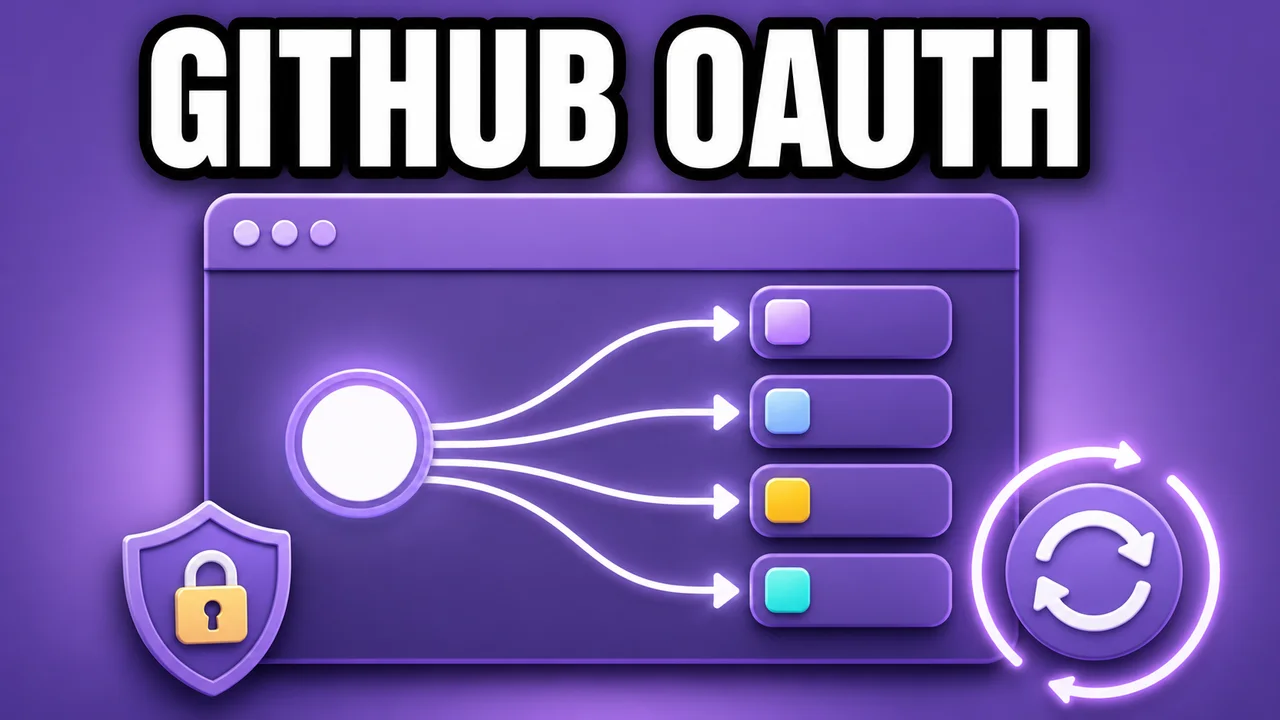 Illustration violette d’un réglage OAuth avec routes de redirection, jeton renouvelable et contrôle de sécurité.