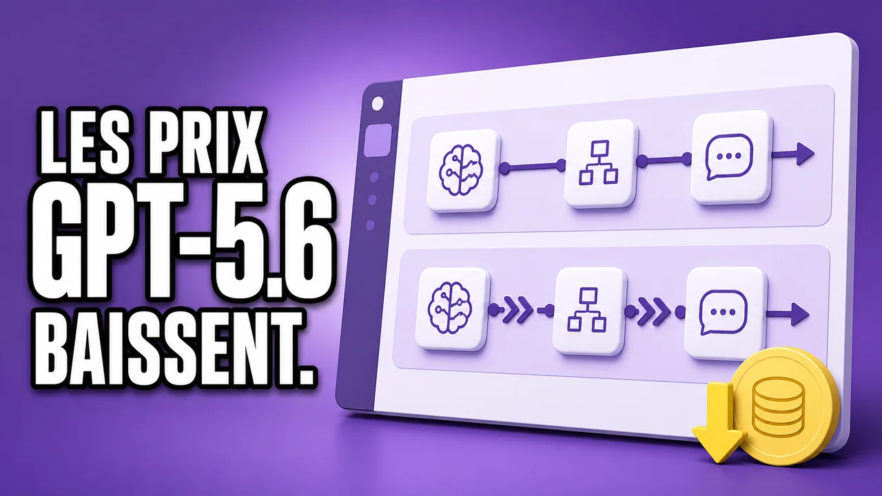 Miniature éditoriale violette montrant une interface simplifiée de workflow IA avec un indicateur abstrait de baisse de coût et le texte « LES PRIX GPT-5.6 BAISSENT. ».