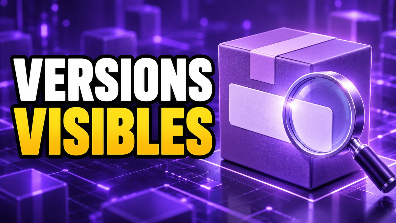 Illustration violette d'un colis logiciel et d'une loupe, texte Versions visibles