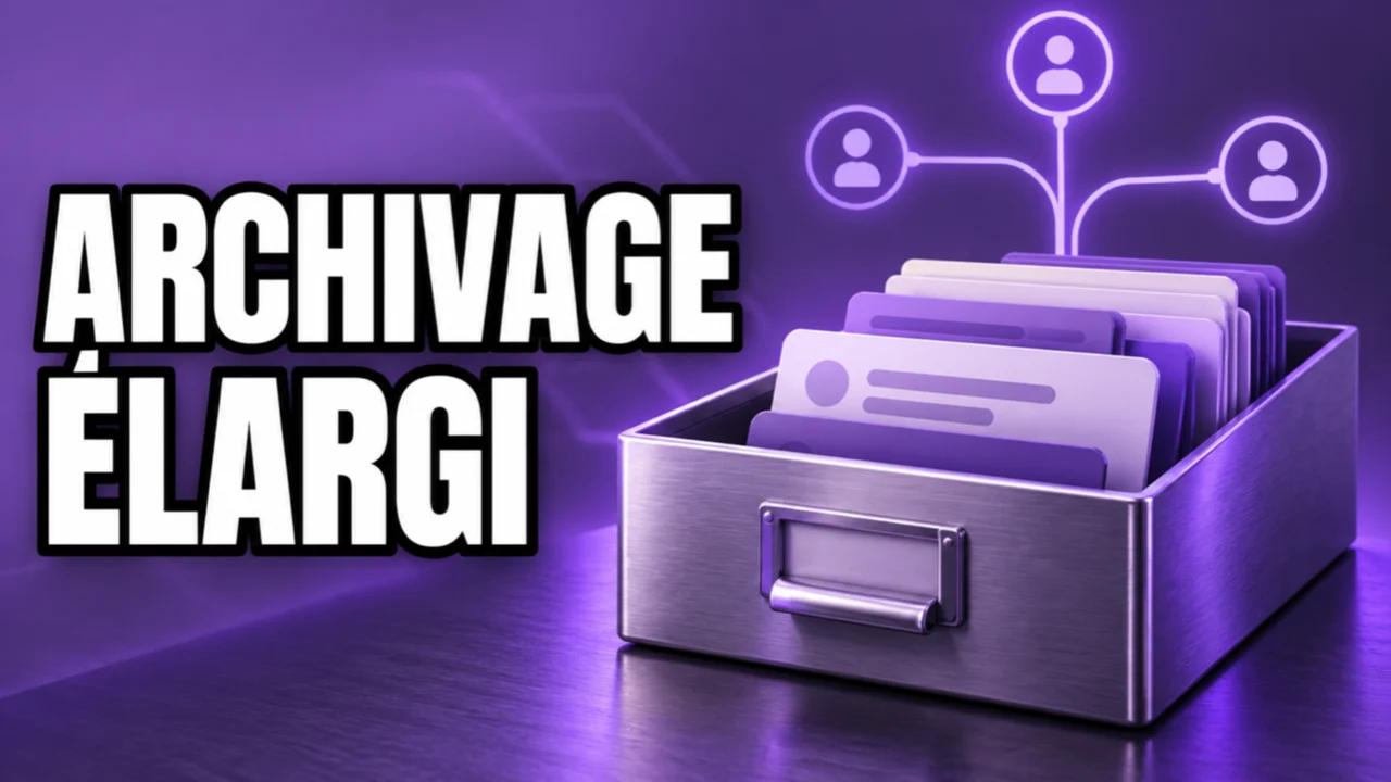 Illustration violette d’un bac d’archives et de contributions, avec le texte « ARCHIVAGE ÉLARGI ».