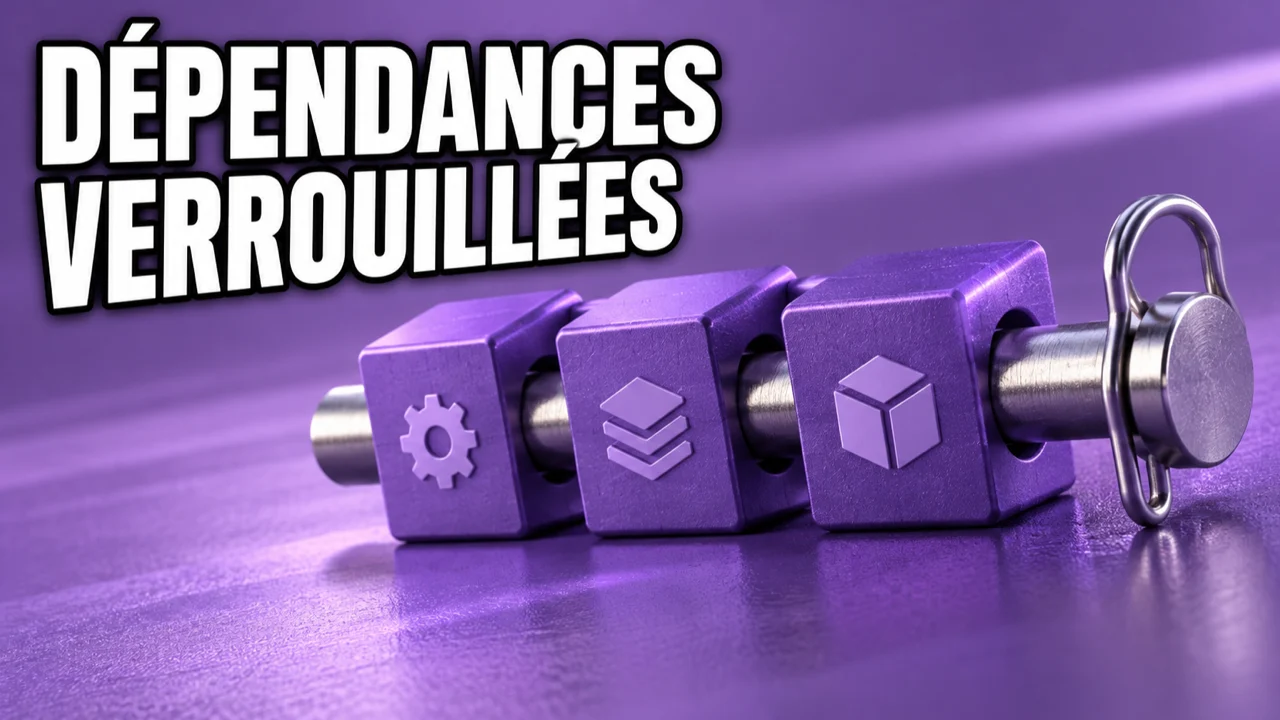Illustration conceptuelle violette : une goupille immobilise trois blocs techniques, avec le texte Dépendances verrouillées.