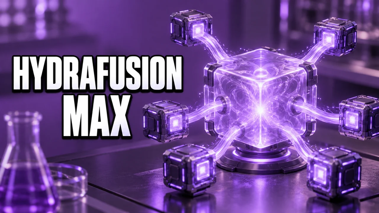 Illustration conceptuelle violette de modules reliés, avec le texte HydraFusion Max