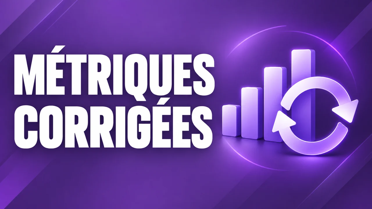 Métriques corrigées : barres conceptuelles et flèche de mise à jour sur fond violet